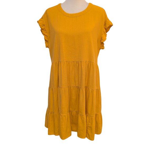 Adyson Parker Womens Size L Yellow Gold Linen Rayon Tiered Ruffled S/S Dress - Picture 1 of 11
